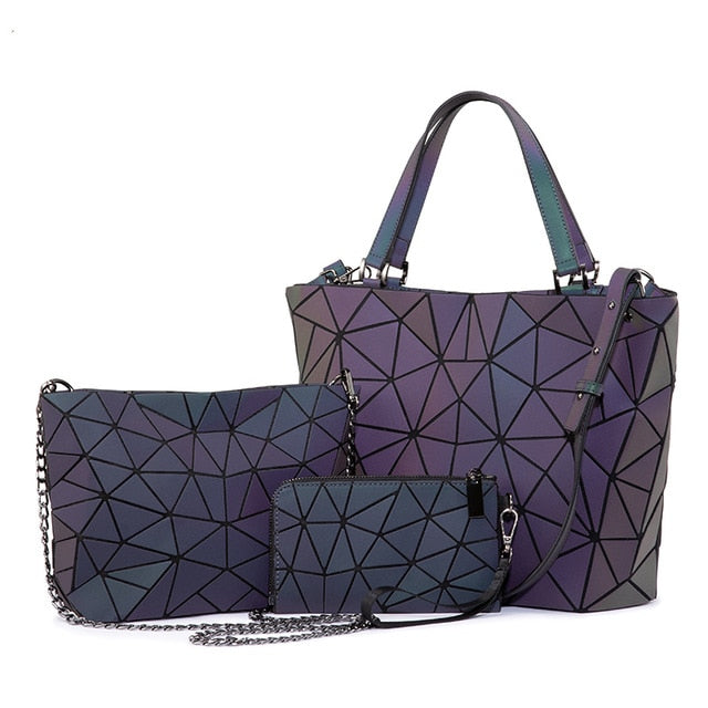 Geometric Luminous Purse Handbags Set of 2 , Iridescent Ladies Tote Bag, Wallet Reflective